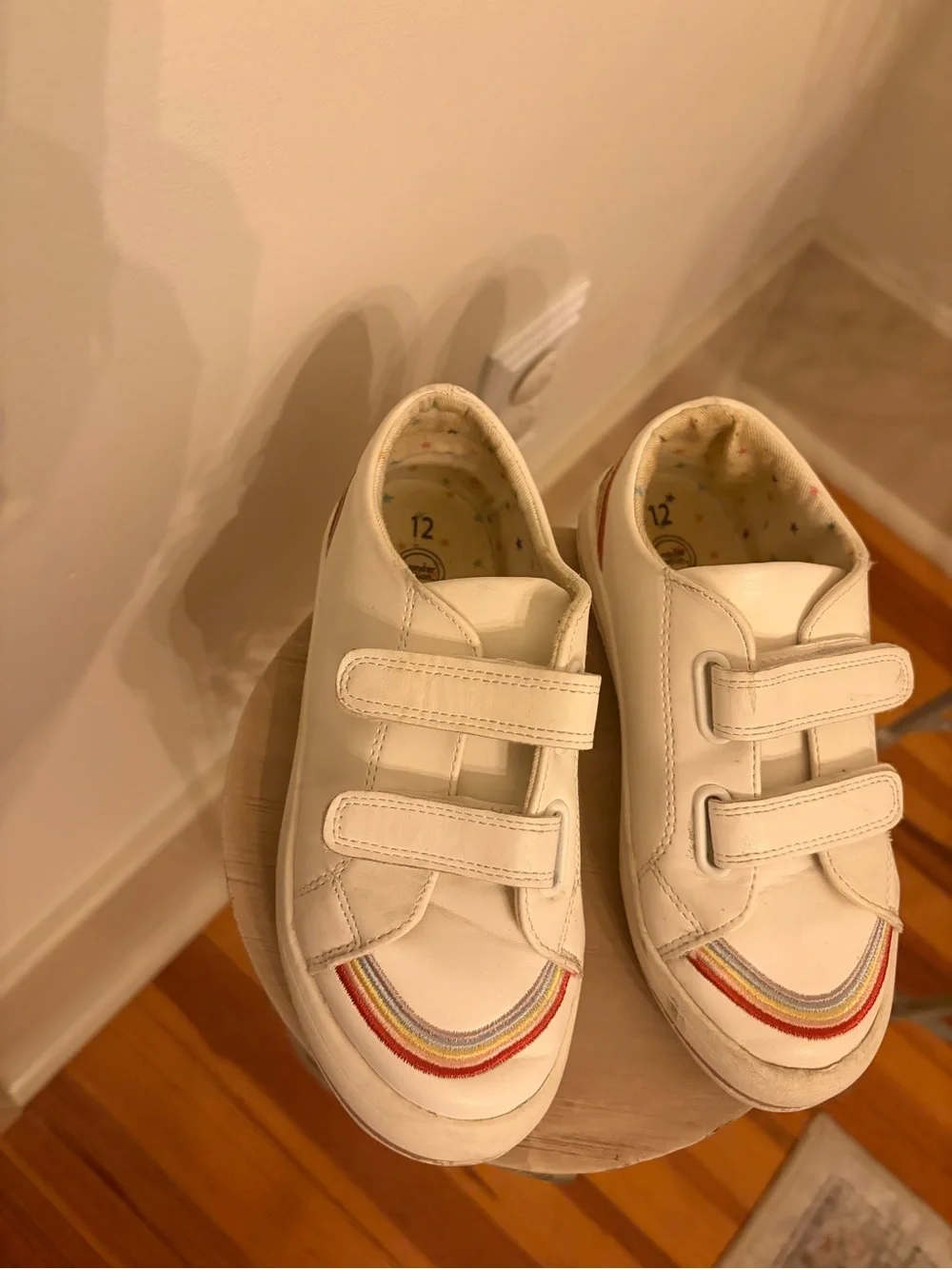 12 little girls sneakers no tie easy slip on white with rainbow detail